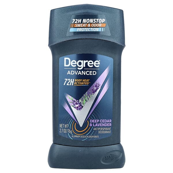 Degree, 어드밴스드, 72H Body Heat Activated™, 땀 억제제 데오도런트, 딥 시더 & 라벤더, 76g(2.7oz)