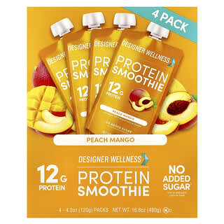 Designer Wellness, Batido de proteínas, Melocotón y mango, 4 paquetes, 120 g (4,2 oz) cada uno