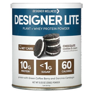 Designer Wellness, Designer Lite, рослинний порошок із сироватковим протеїном, шоколадне печиво та вершки, 256 г (9,03 унції)