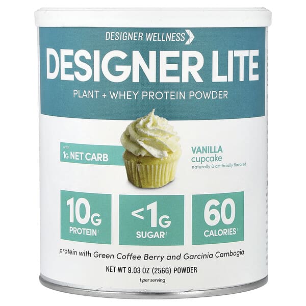 Designer Wellness, 디자이너 라이트, 식물성 + 유청 단백질 분말, 바닐라 컵케이크, 256g(9.03oz)