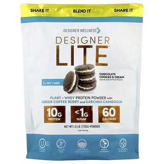 Designer Wellness‏, Designer Lite®, Plant + Whey Protein Powder, Chocolate Cookies & Cream, 1.6 lb (720 g)