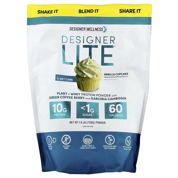 Designer Wellness, Designer Lite®, Plant + Whey Protein Powder, Vanilla Cupcake, 1.6 lb (720 g)