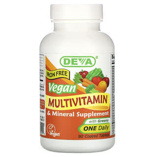 Deva, Веганская мультивитаминная и минеральная добавка с зеленью, без железа, 90 таблеток, покрытых оболочкой