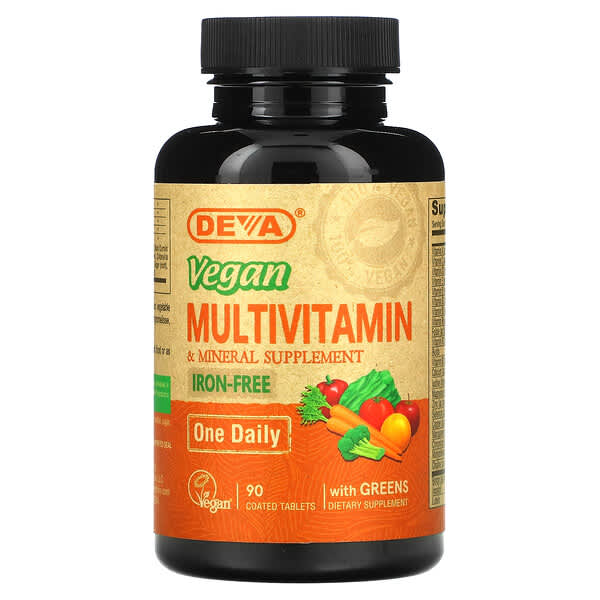 Deva, Veganes Multivitamin- und Mineralstoff-Ergänzungsmittel mit Gemüse, eisenfrei, 90 überzogene Tabletten