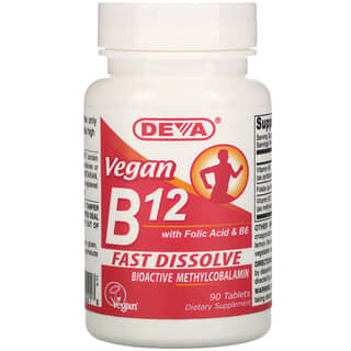 Deva, Веганский витамин B12 с фолиевой кислотой и витамином B6, быстро растворяющийся, 90 таблеток