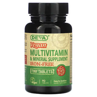 Deva, Suplemento multivitamínico y multimineral vegano en comprimidos pequeños, Sin hierro, 90 comprimidos