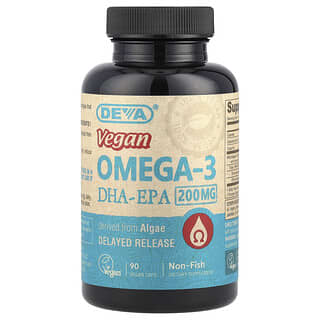 Deva, Omega-3 DHA-EPA vegano, Liberación retardada, 200 mg, 90 cápsulas veganas