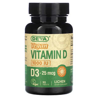 Deva, веганский витамин D, витамин D3, 25 мкг (1000 МЕ), 90 таблеток