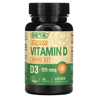 Deva, Vitamina D, D3, Vegana, 125 mcg (5.000 UI), 90 Comprimidos