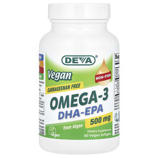 Deva, Omega-3 vegano y DHA-EPA, 500 mg, 60 cápsulas blandas veganas