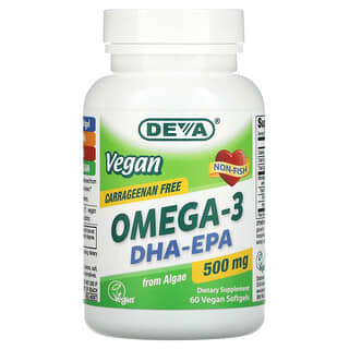 Deva, ヴィーガンオメガ3、ドコサヘキサエン酸 - エイコサペンタエン酸、500mg、ヴィーガンソフトジェル60粒