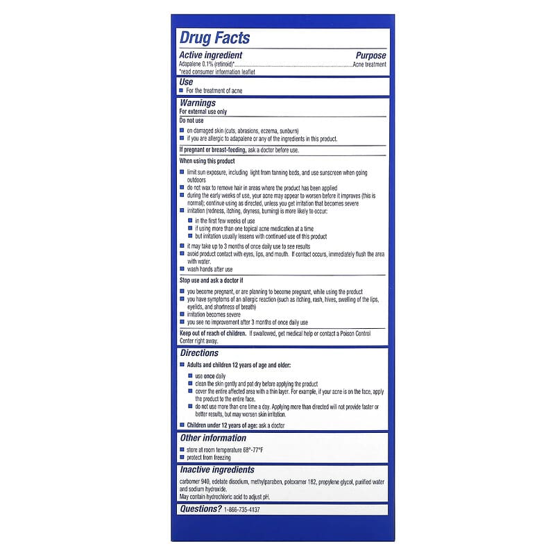 Adapalene Gel 0.1 % Acne Treatment, Fragrance Free, 0.5 oz (15 g)