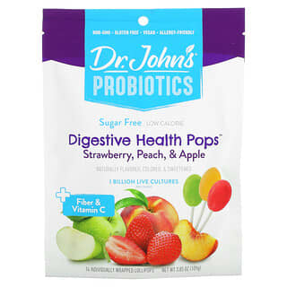 Dr. John's Healthy Sweets, Probiotics ، مصاصات لدعم صحة الجهاز الهضمي ، + ألياف وفيتامين جـ ، الفراولة ، الخوخ والتفاح ، خالٍ من السكر ، 14 مصاصات مغلفة على حدة ، 3.85 أونصة (109 جم)