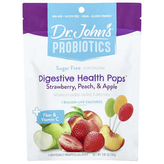 Dr. John's Healthy Sweets, Probiotics, Digestive Health Pops™, + Fiber & Vitamin C, Strawberry, Peach & Apple, 14 Individually Wrapped Lollipops, 3.85 oz (109 g)