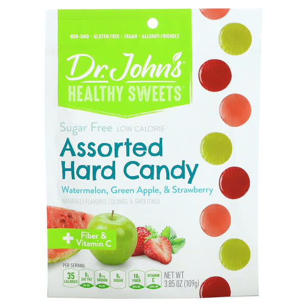 Dr. John's Healthy Sweets, Assortiment de bonbons durs, + Fibres et vitamine C, Pastèque, pomme verte et fraise, Sans sucre, 109 g
