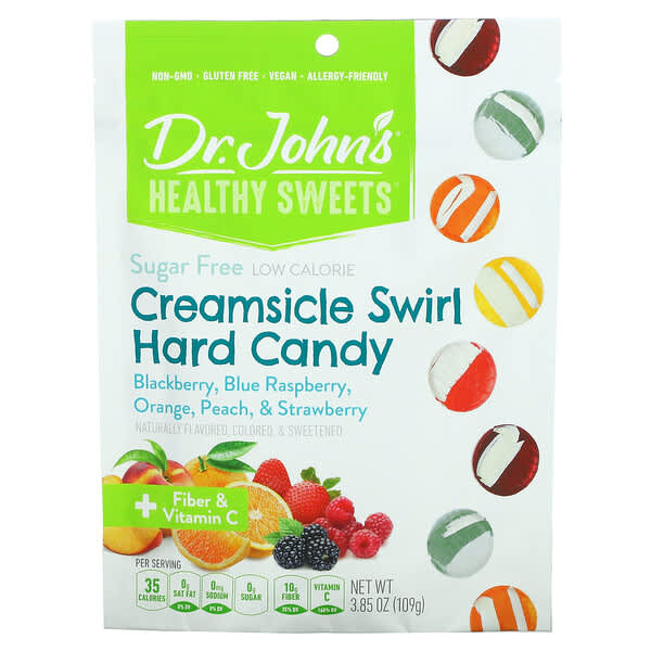 Dr. John's Healthy Sweets‏, Creamsicle Swirl Hard Candy ، + ألياف وفيتامين جـ ، وتوت العليق الأسود ، وتوت العليق الأزرق ، والبرتقال ، والخوخ ، والفراولة ، خالٍ من السكر ، 3.85 أونصة (109 جم)