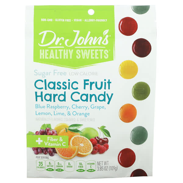 Dr. John's Healthy Sweets, Bonbons durs aux fruits classiques, + Fibres et vitamine C, Sans sucre, Cerise, Cerise, Raisin, Citron et orange, 109 g