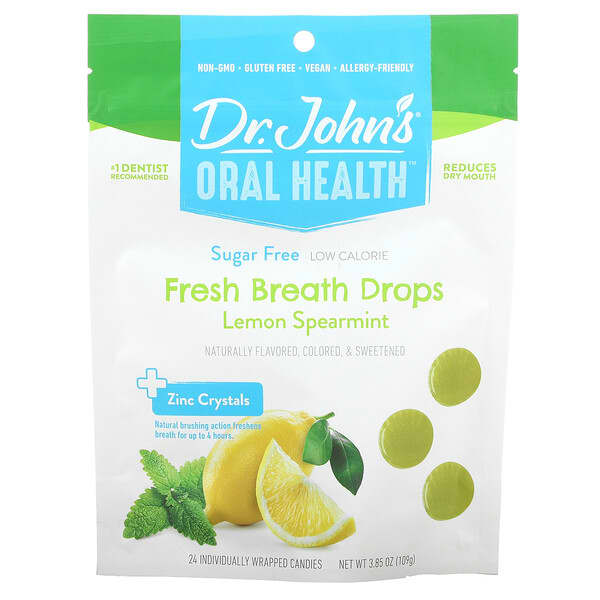 Dr. John's Healthy Sweets, Oral Health（オーラルヘルス）、フレッシュブレスドロップ、＋亜鉛結晶、レモンスペアミント、糖類ゼロ、個包装キャンディ24個、109g（3.85オンス）