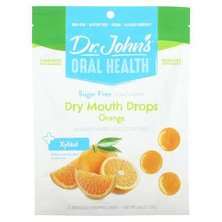 Dr. John's Healthy Sweets, Santé bucco-dentaire, Gouttes pour la bouche sèche, + Xylitol, Orange, Sans sucre, 24 bonbons emballés individuellement. 109 g