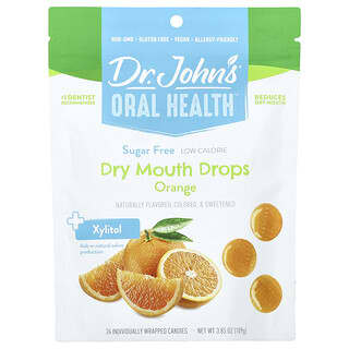 Dr. John's Healthy Sweets, Saúde Bucal, Gotas para a Boca Seca, + Xilitol, Laranja, Sem Açúcar, 24 Balas Embaladas Individualmente. 3,85 oz (109 g)