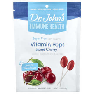 Dr. John's Healthy Sweets, Immune Health, леденцы со вкусом леденцов, + 200% суточной нормы витаминов C и D, черешня, без сахара, 14 леденцов на палочке в индивидуальной упаковке, 109 г (3,85 унции)