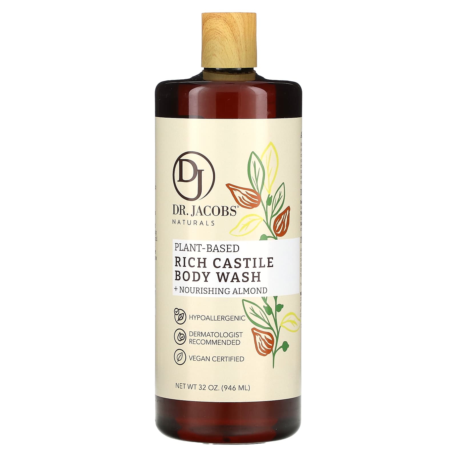 Dr. Jacobs Naturals, PlantBased Rich Castile Body Wash, Nourishing Almond, 32 oz (946 ml)