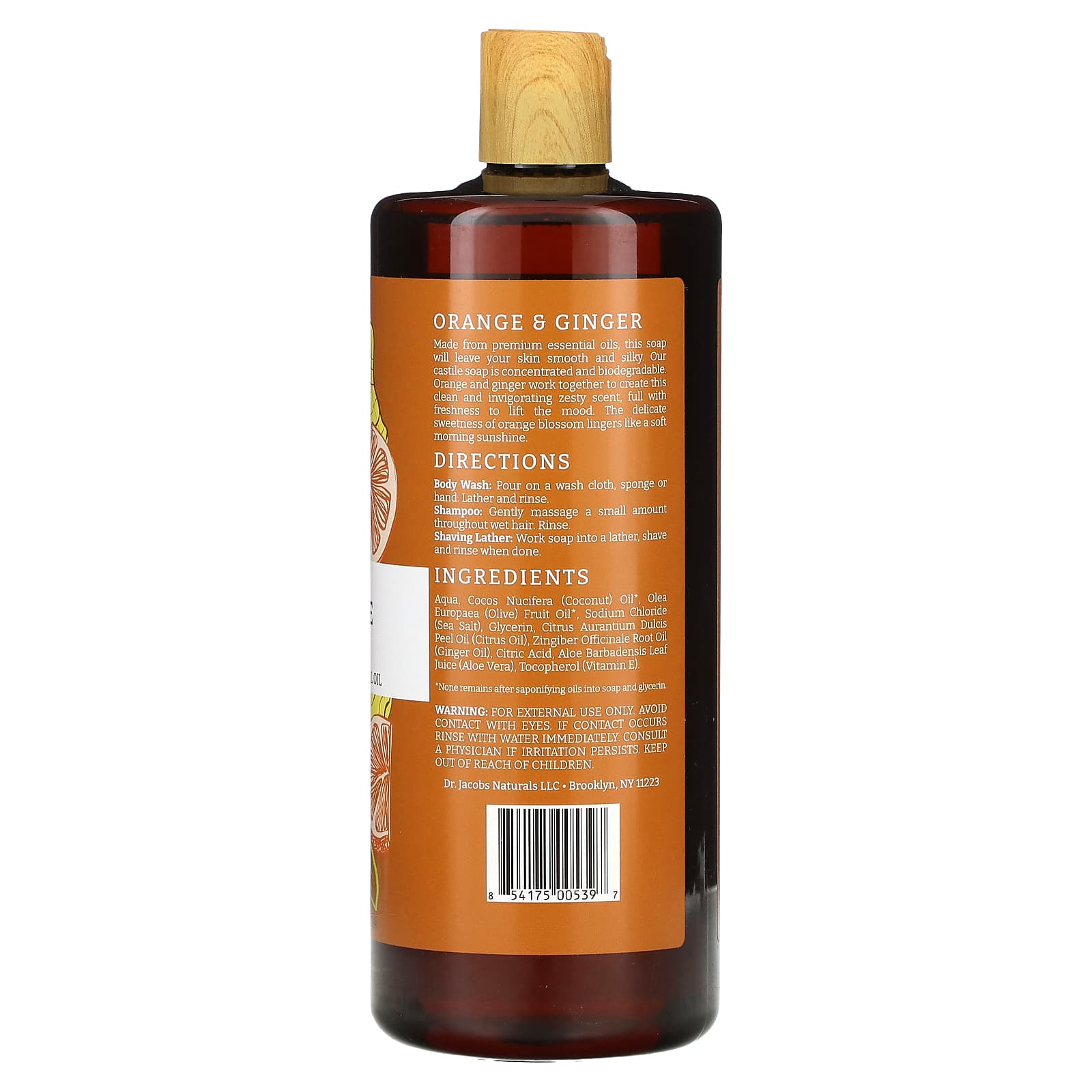 Dr. Jacobs Naturals, PlantBased Rich Castile Body Wash, Orange & Ginger Essential Oil, 32 oz