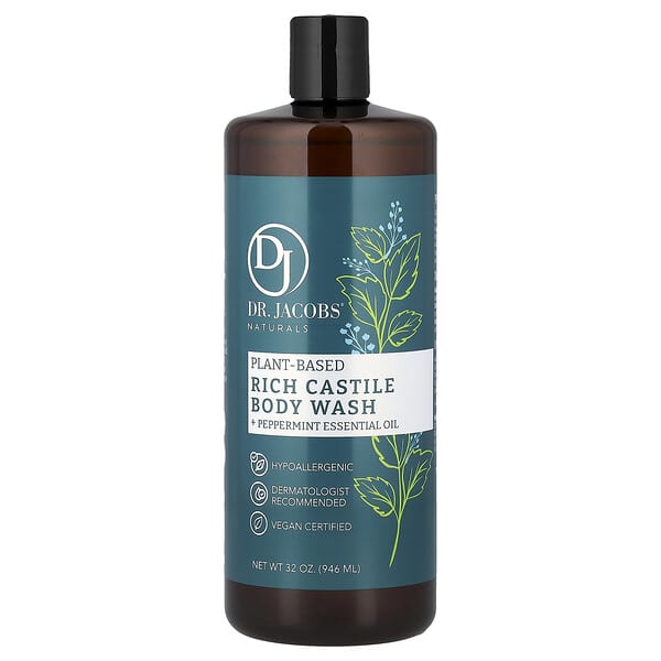 Dr. Jacobs Naturals, 奢華植物基卡斯提爾沐浴露，薄荷精油，32 盎司（946 毫升）