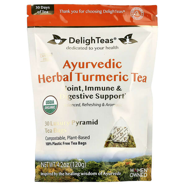 DelighTeas, 아유르베다 허브 강황 차, 카페인 무함유, 고급 피라미드 티백 30개, 120g(4.2oz)