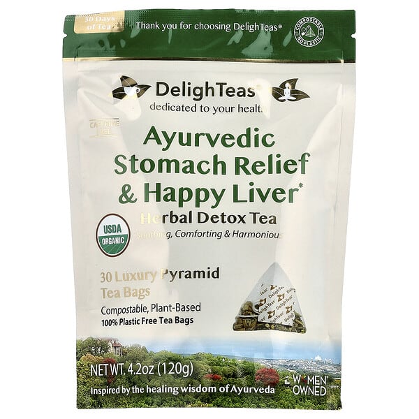 DelighTeas, Ayurvedic Stomach Relief & Happy Liver, Herbal Detox Tea, Caffeine Free, 30 Luxury Pyram