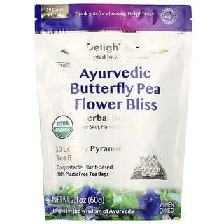 DelighTeas, Butterfly Pea Flower Bliss, Ayurvedischer Beauty-Kräutertee, koffeinfrei, 30 Luxus-Pyramiden-Teebeutel, 60 g
