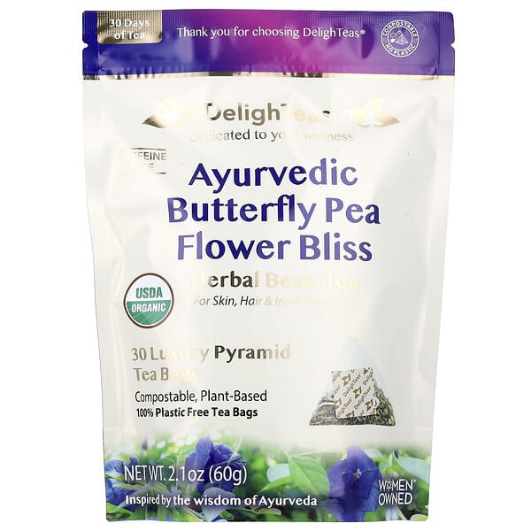 DelighTeas, 아유르베다 나비완두콩꽃 블리스, 허브 보티, 카페인 무함유, 고급 피라미드 티백 30개, 60g(2.1oz)