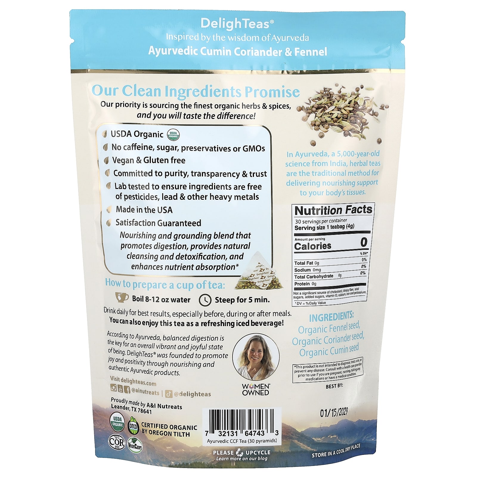 DelighTeas, Ayurvedic Cumin Coriander & Fennel, Herbal Detox Tea, Caffeine Free, 30 Luxury Pyramid Tea Bags, 4.2 oz (120 g)