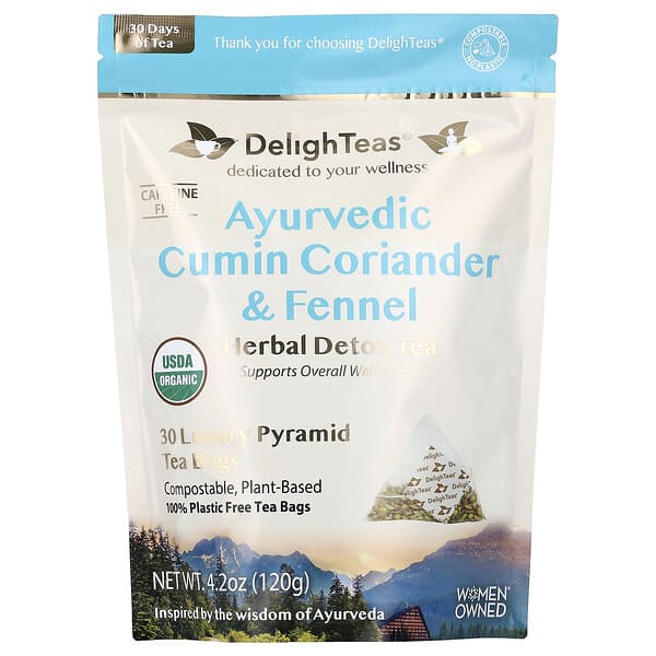 DelighTeas, Ayurvedic Cumin Coriander & Fennel, Herbal Detox Tea, Caffeine Free, 30 Luxury Pyramid Tea Bags, 4.2 oz (120 g)