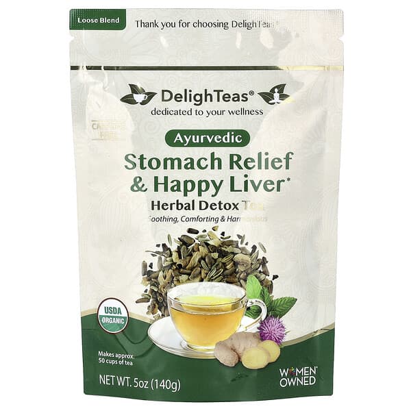 DelighTeas, 허브 디톡스 차, 위장 완화 & 건강한 간, 루즈 블렌드, 카페인 무함유, 140g(5oz)