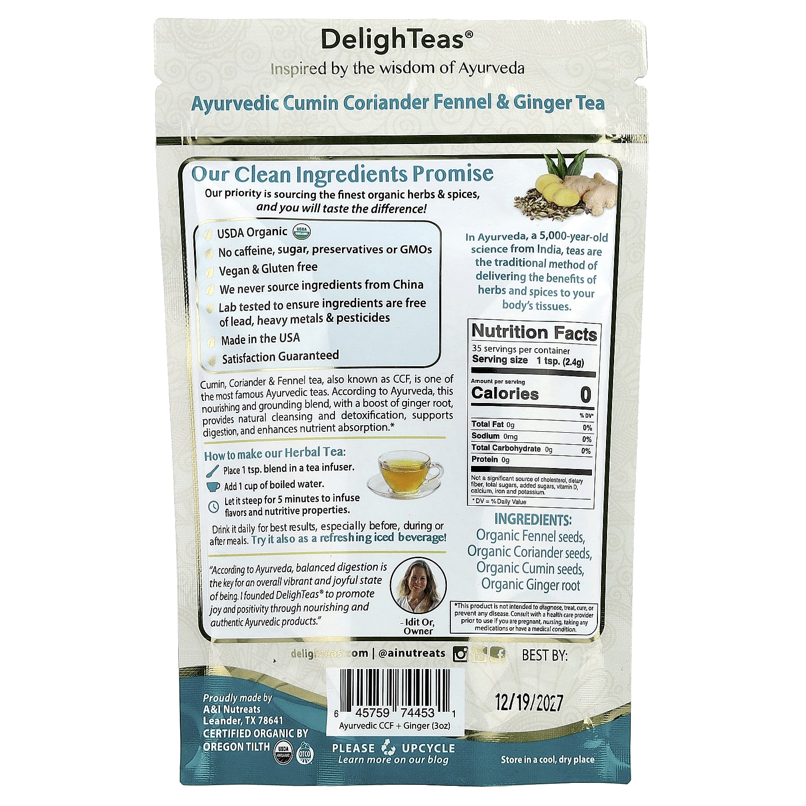 DelighTeas, Ayurvedic CCF Ginger, Herbal Detox Tea, Loose Blend, Caffeine Free, 3 oz (85 g)