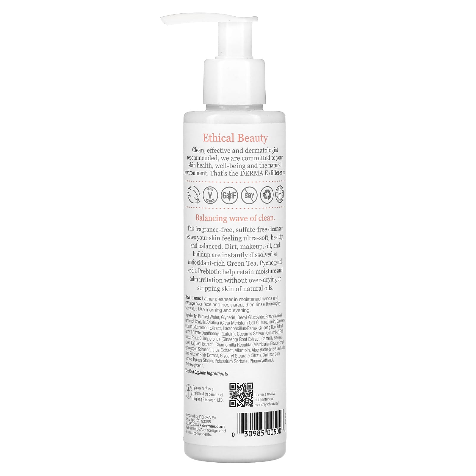 DERMA E, Pure Biome Balancing Cleanser, 6 fl oz (175 ml)