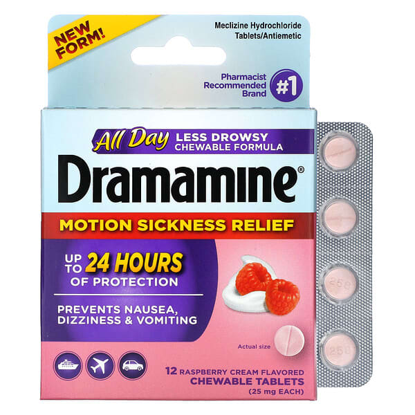 Dramamine, โมชั่น ซิคเนส รีลีฟ : เคี้ยวได้ รสราสเบอร์รี่ครีม บรรจุ 12 เม็ด เม็ดละ 25 มก.