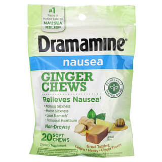 Dramamine, Nausea, жевательные таблетки с имбирем, лимоном, медом, имбирем, 20 жевательных таблеток
