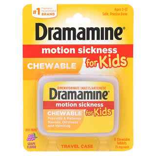 Dramamine, Motion Sickness For Kids, Reisekrankheit für Kinder, im Alter von 2–12 Jahren, Reiseetui, Traube, 25 mg, 8 Kautabletten
