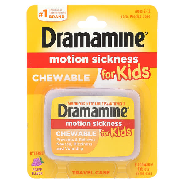 Dramamine, Motion Sickness สำหรับเด็กอายุ 2-12 ปี กล่องเดินทาง รสองุ่น ขนาด 25 มก. บรรจุเม็ดเคี้ยว 8