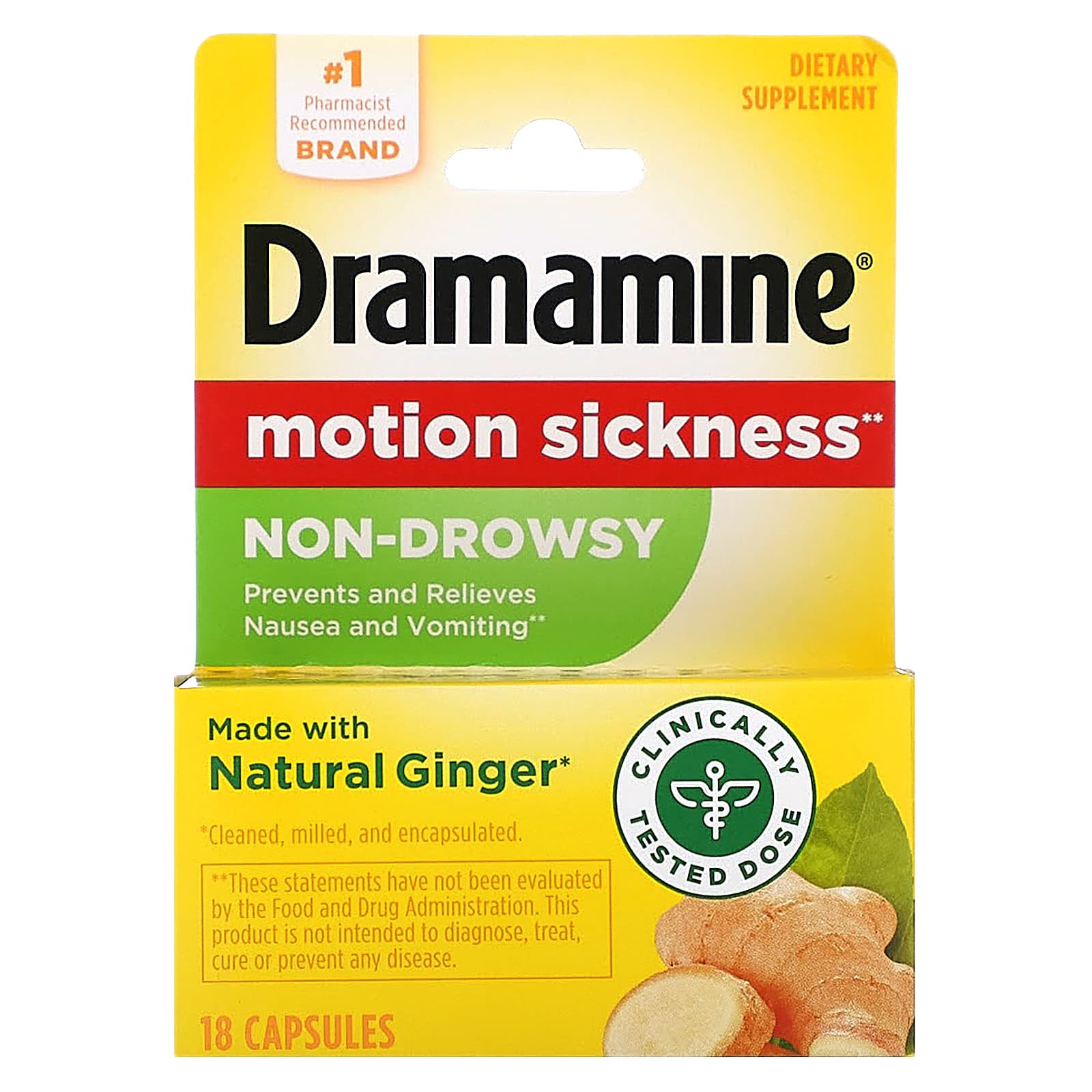 Dramamine, Motion Sickness, NonDrowsy, 18 Capsules