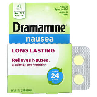 Dramamine‏, "Nausea, לטווח ארוך, 25 מ""ג, 10 טבליות."