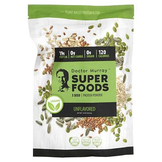 Dr. Murray's, Superalimentos, Proteína vegana de 3 semillas (calabaza, lino, girasol) en polvo, Sin sabor, 453,5 g (16 oz)