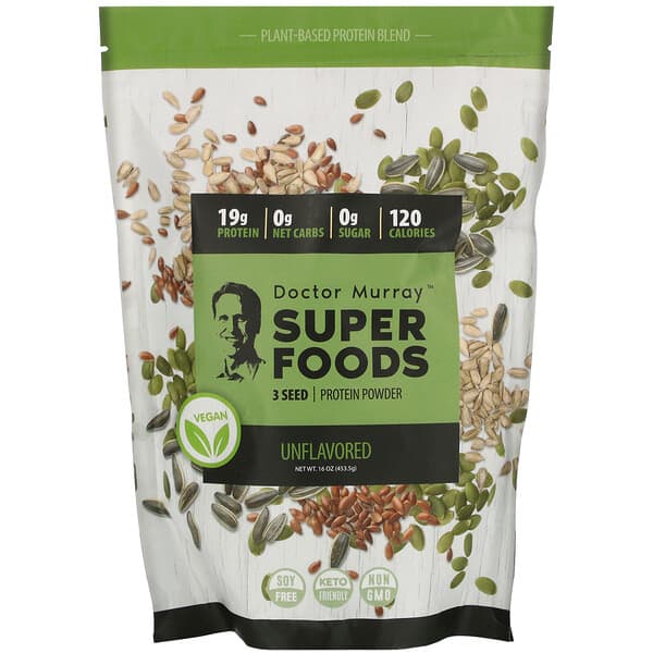 Dr. Murray's, Super Foods, 3 Seed Vegan Protein Powder, Unflavored, veganes Proteinpulver mit 3 Samen, geschmacksneutral, 456,5 g (16 oz.)