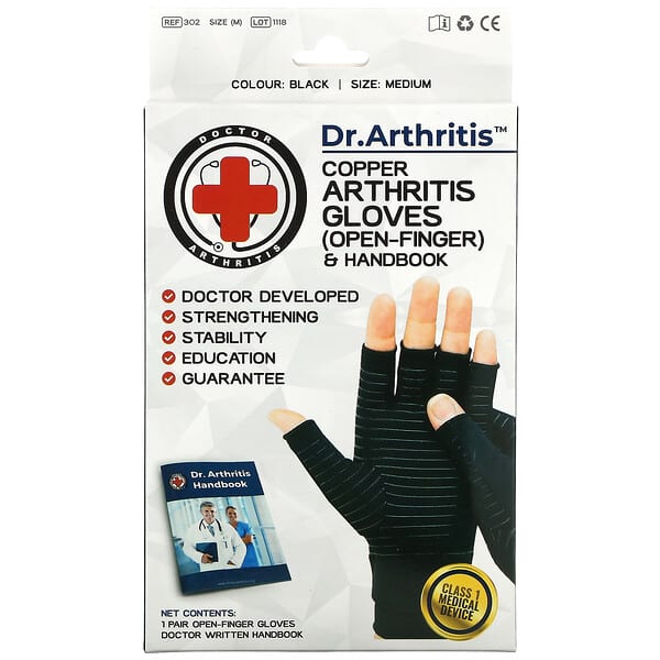 Doctor Arthritis‏, قفازات نحاسية مفتوحة لعلاج التهاب المفاصل وكتيب ، متوسط ، أسود ، زوج واحد (المنتجات المتوقفة) 
