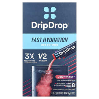 DripDrop, Juicy Variety Pack Electrolyte Drink Mix Fruit Punch-Grape-Strawberry Lemonade-Cherry, 8 Sticks