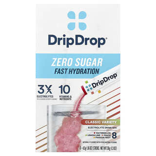 DripDrop, Zero Sugar Variety Pack Electrolyte Drink Mix Watermelon-Lemon Lime-Peach-Passion Fruit, 8 Sticks
