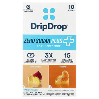 DripDrop, Electrolyte and Vitamin Drink Mix, Zero Sugar Plus+, Tropical Punch & Tangerine, 10 Sticks, 0.2 oz (5.6 g) Each