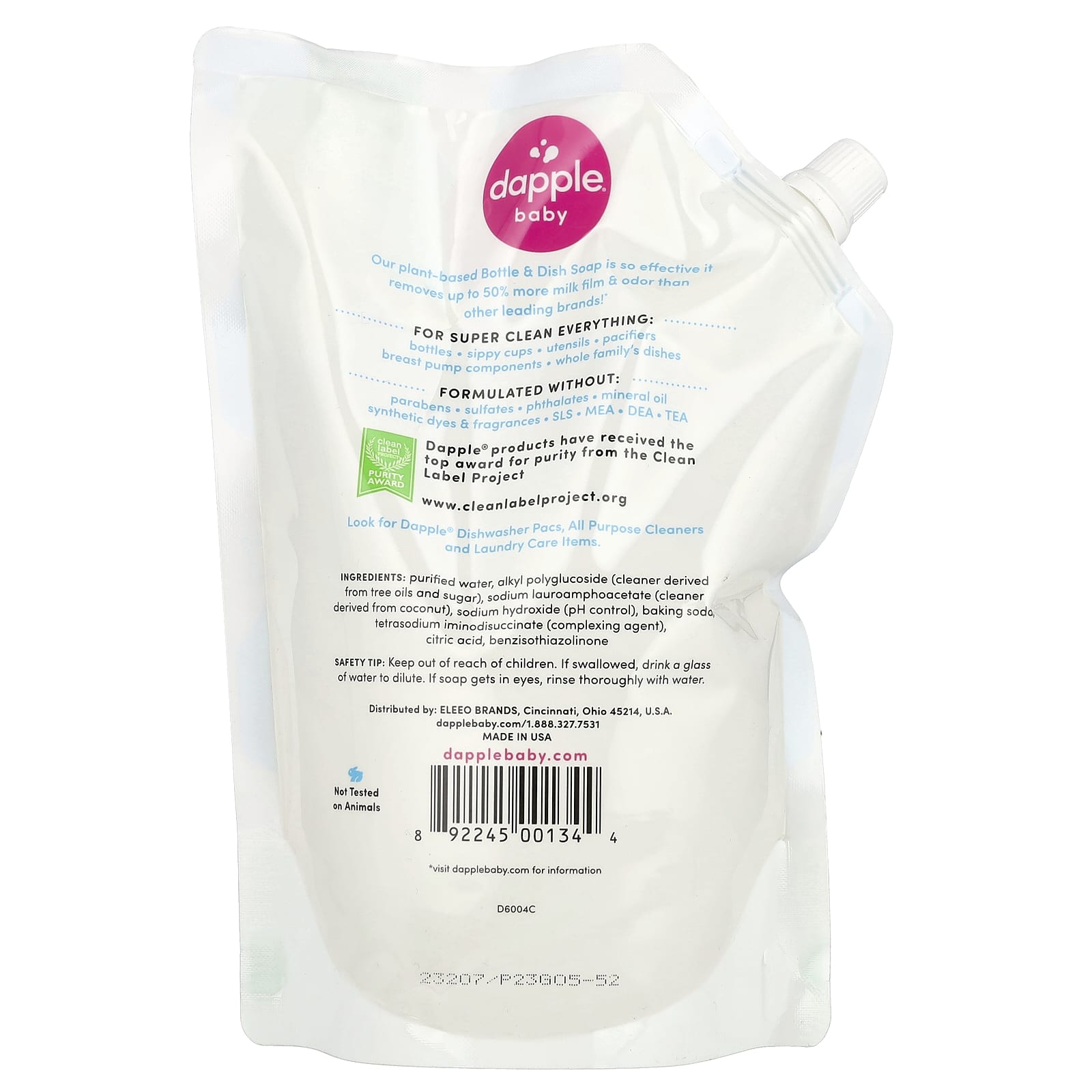 Dapple Baby, Wkład mydła do butelek i naczyń, bezzapachowy, 1 l
